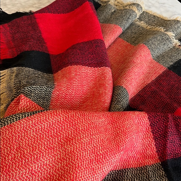 Plaid Blanket Scarf with Red and Tan Accents - Picture 4 of 4